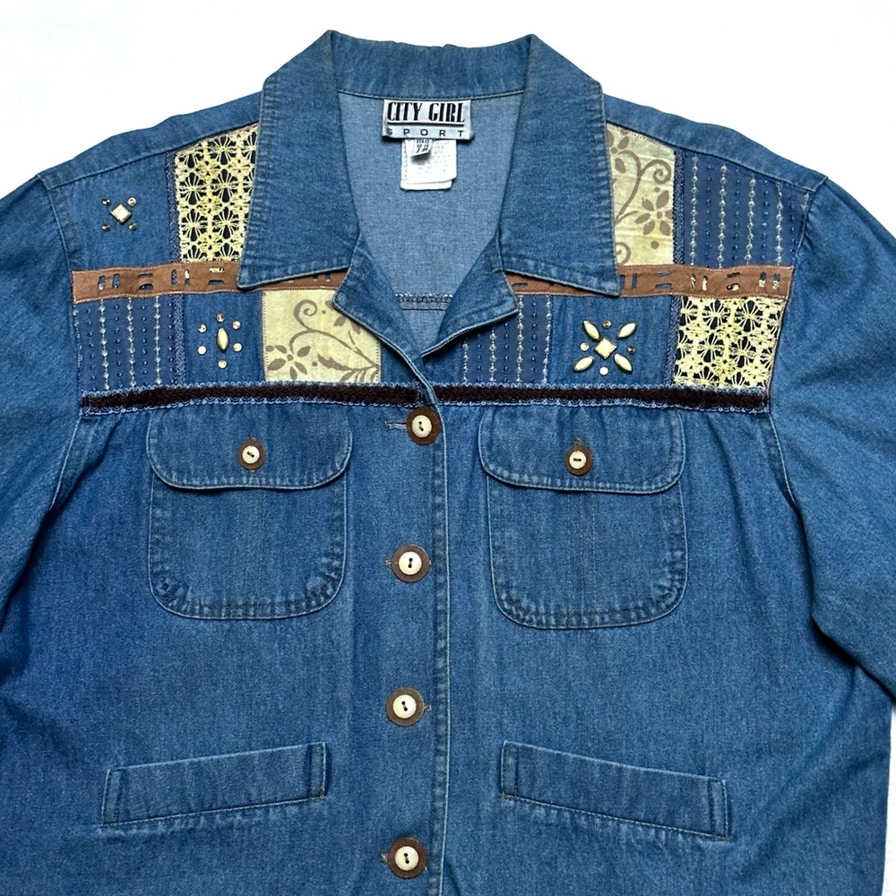 VTG City Girl Sport Jacket SIZE 12 STUDDED PATCHWORK DENIUM WESTERN CROPPED USA - Picture 2 of 9